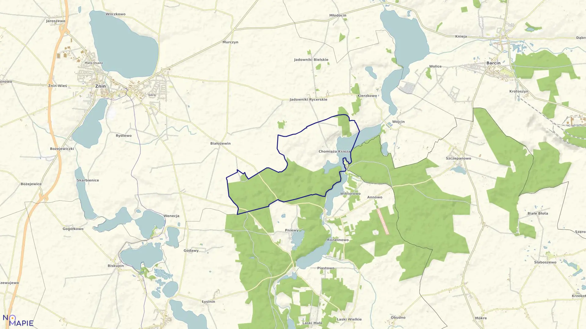 Mapa obrębu Chomiąża Księża w gminie Żnin